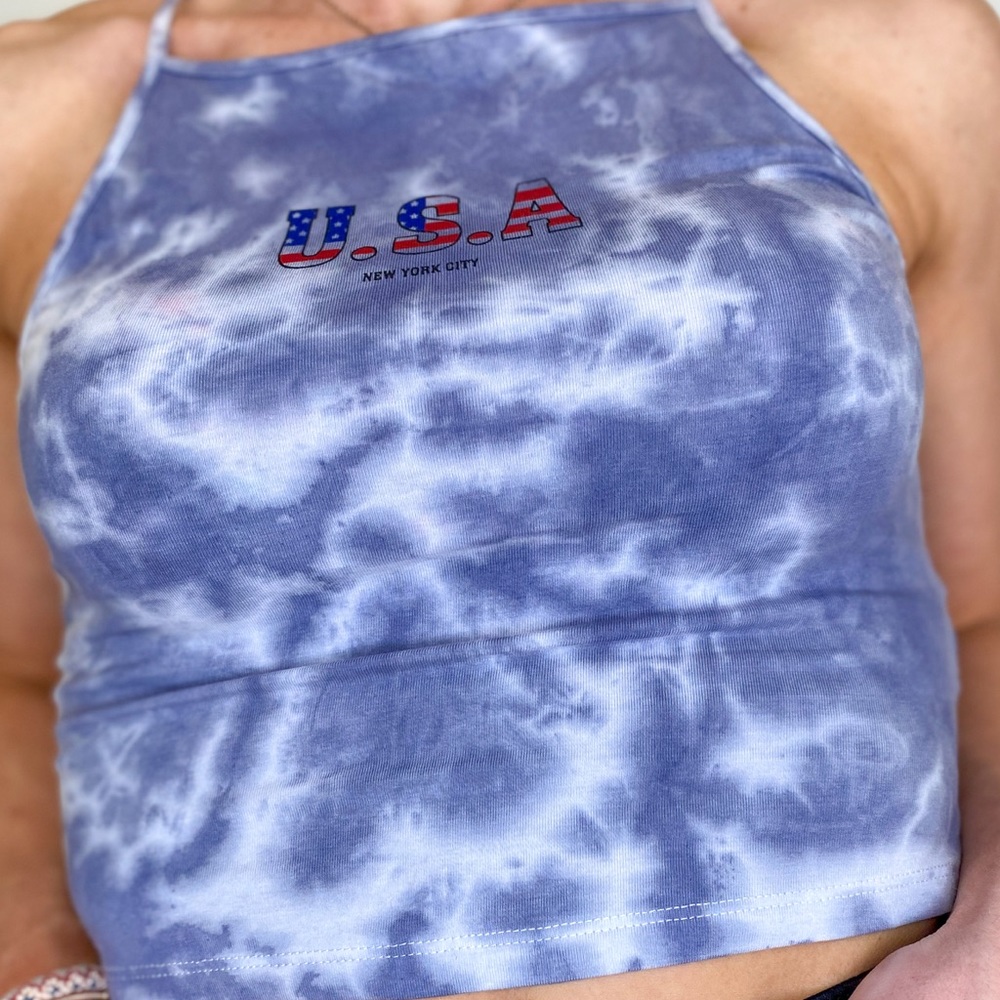 Custom tie dye USA tank top.